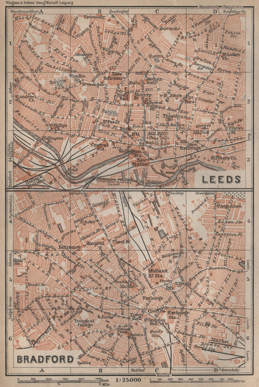 LEEDS & BRADFORD antique town city centre plans. Yorkshire. BAEDEKER 1906 map